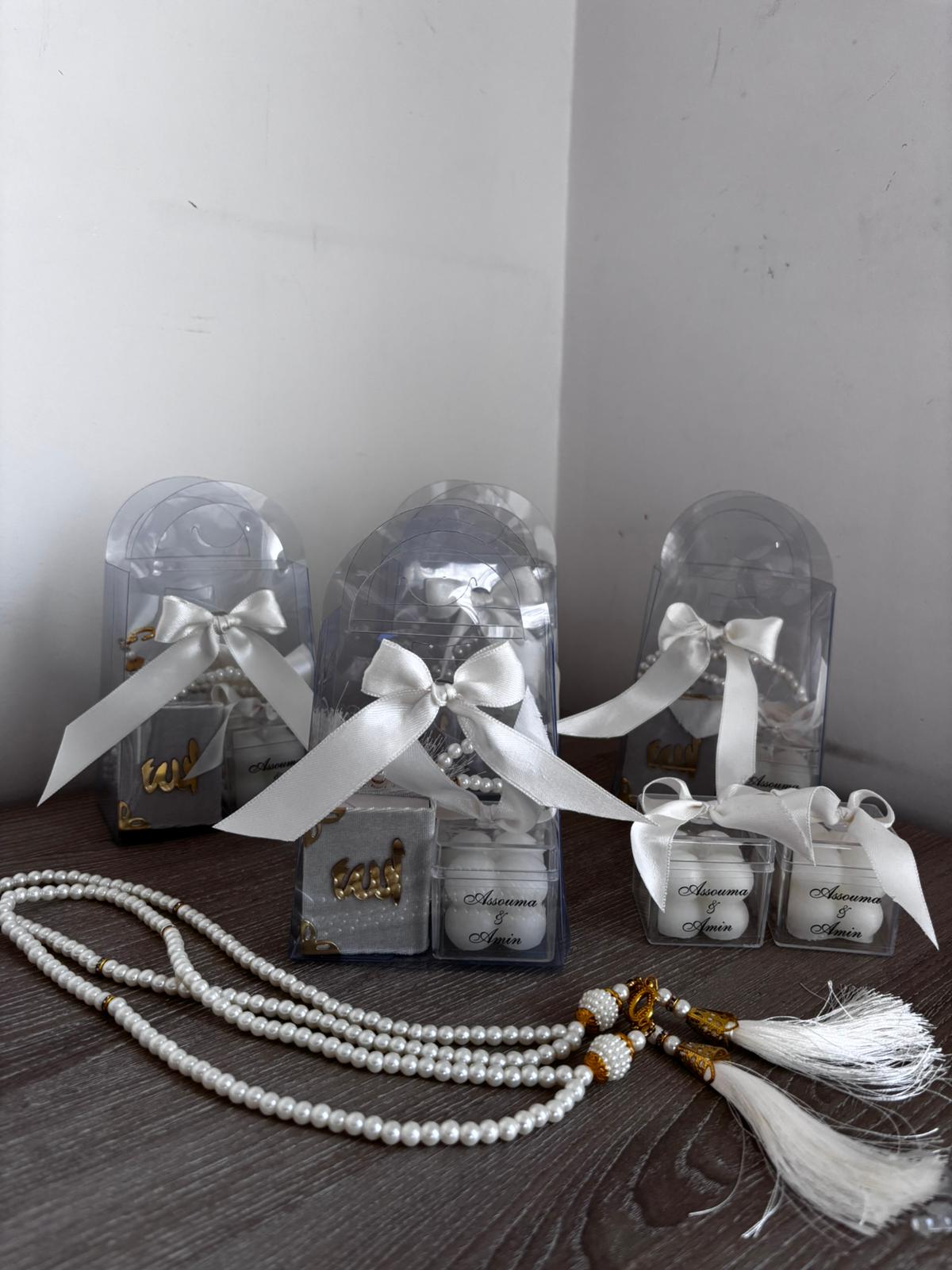 Coffret cadeau personnalisé ultime : mini Coran, bougie à bulles et chapelet de qualité supérieure dans un sac cadeau transparent