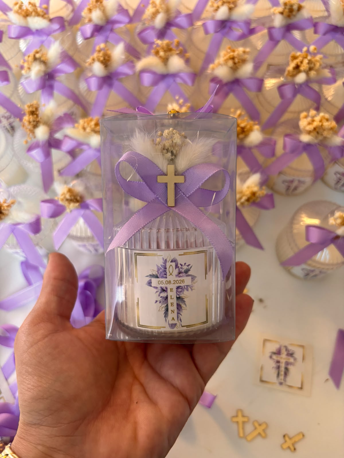 Personalized Wedding Favors for Guests - Custom Baptism Candle in Clear Box, Lilac Ribbon Luxury Party Gifts, Christening Candle Favors