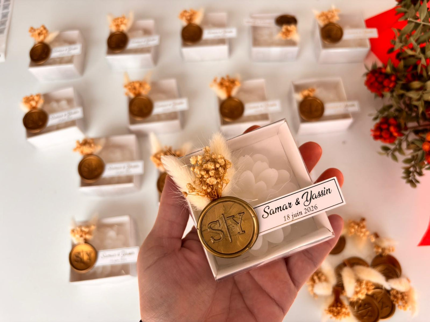 Personalized Lotus Flower Candle Favors - Luxury Wedding Gifts with Gold Wax Seal