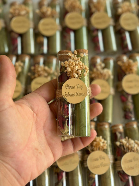 Personalized Henna & Rose Bud Glass Tube - Custom Wedding & Henna Favor