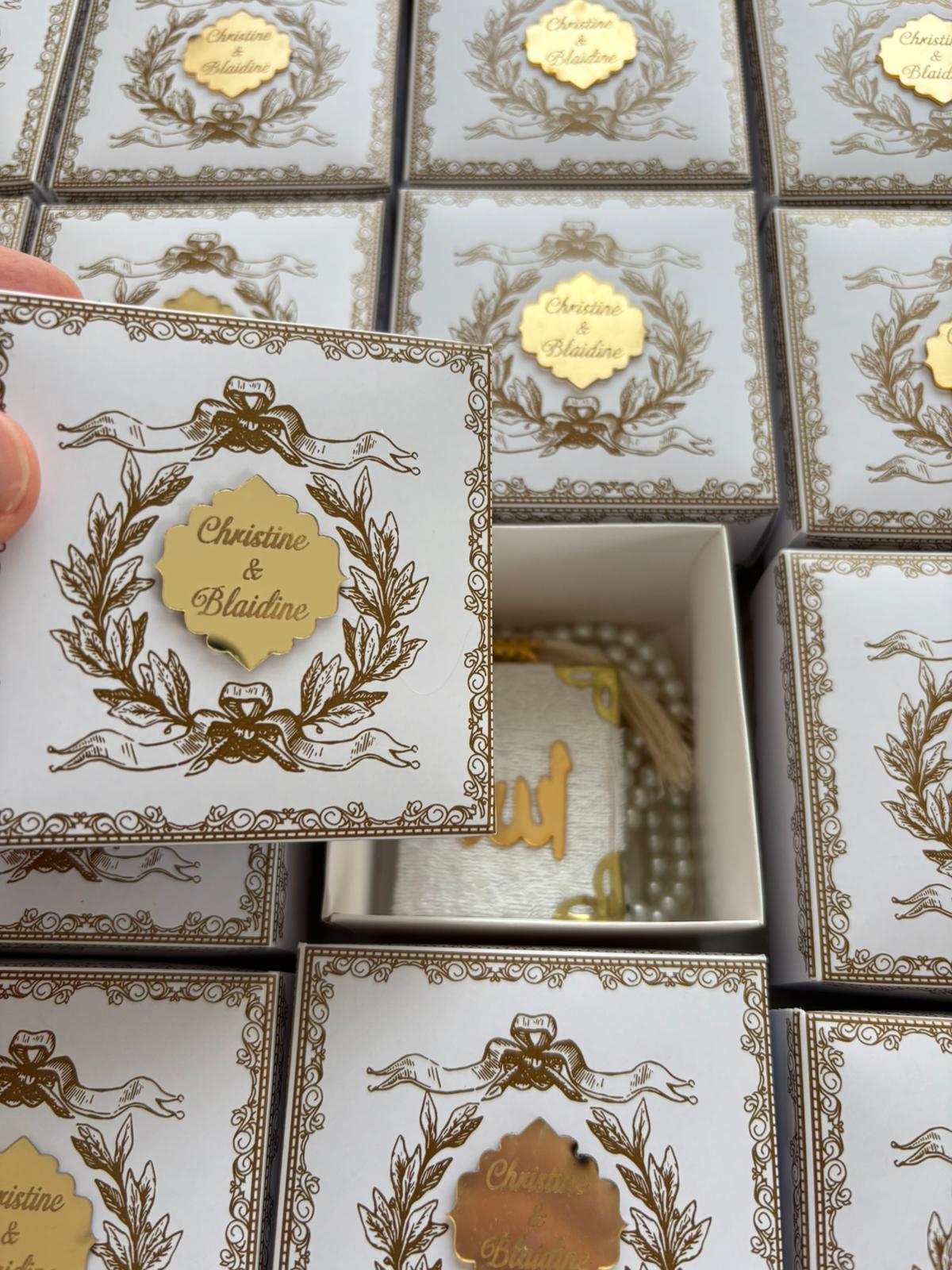 Personalized Luxe Keepsake Box with Mini Book & Ornate Prayer Beads - Custom Event Favor