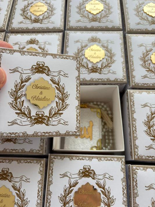 Personalized Luxe Keepsake Box with Mini Book & Ornate Prayer Beads - Custom Event Favor