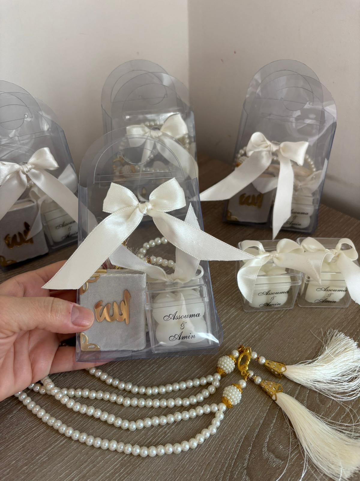 Ultimate Personalized Favor Set - Mini Quran, Bubble Candle & Premium Tasbih in Clear Gift Bag