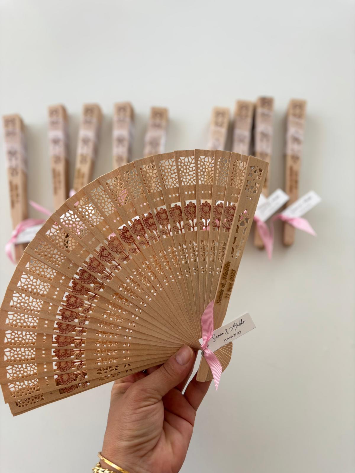 Personalized Elegant Wooden Fan with Tassel & Plexiglass Charm