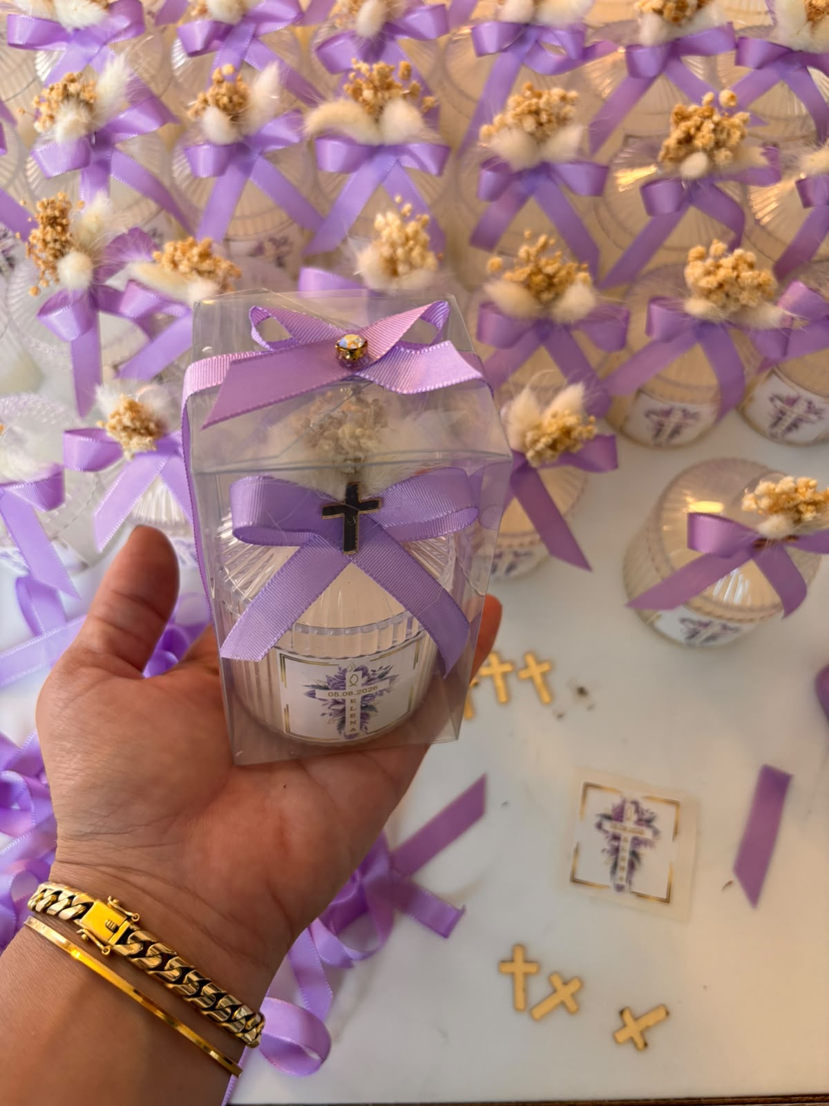 Personalized Wedding Favors for Guests - Custom Baptism Candle in Clear Box, Lilac Ribbon Luxury Party Gifts, Christening Candle Favors
