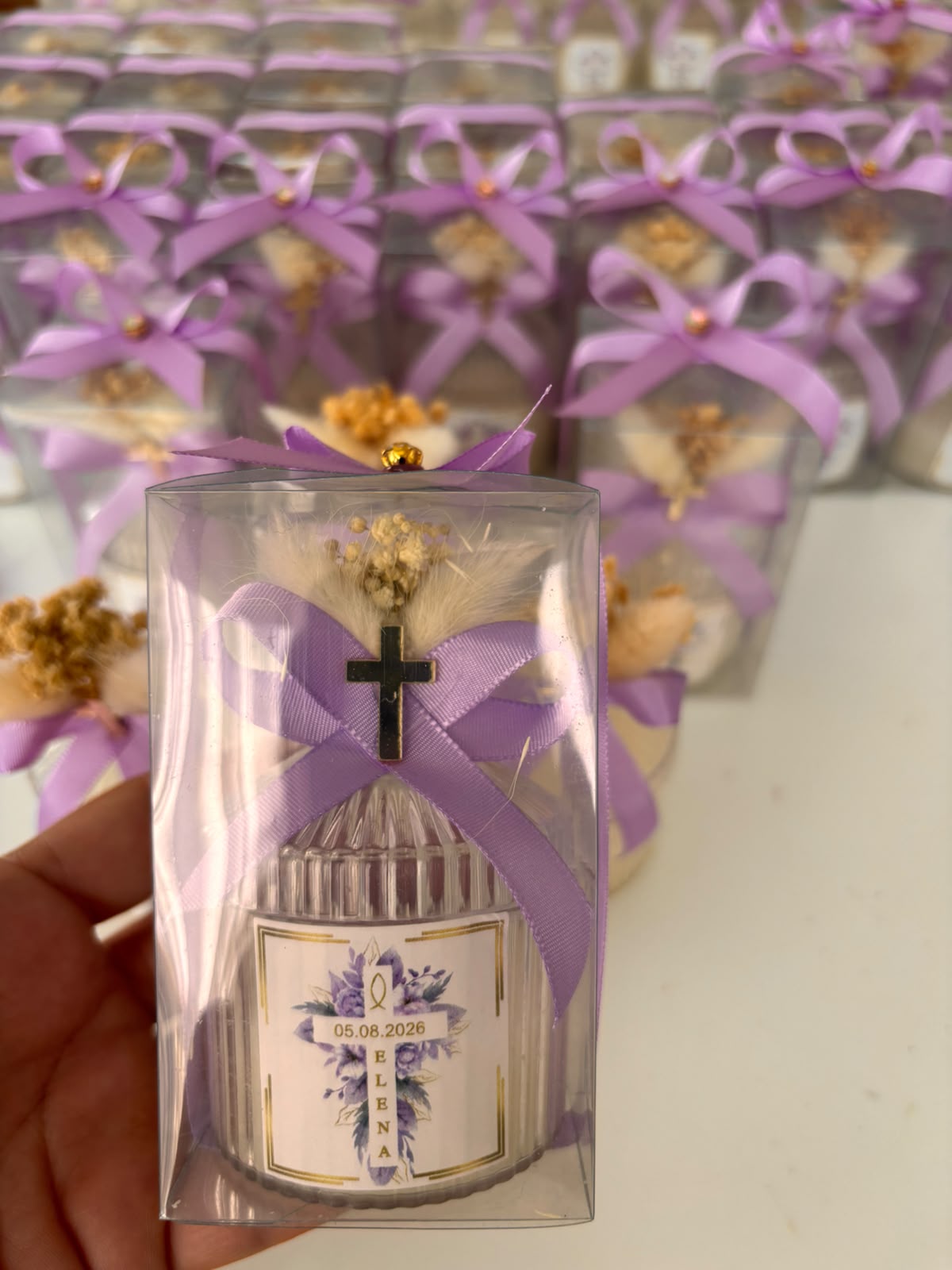 Personalized Wedding Favors for Guests - Custom Baptism Candle in Clear Box, Lilac Ribbon Luxury Party Gifts, Christening Candle Favors