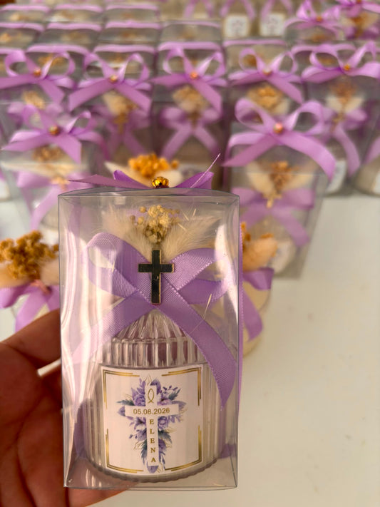 Personalized Wedding Favors for Guests - Custom Baptism Candle in Clear Box, Lilac Ribbon Luxury Party Gifts, Christening Candle Favors