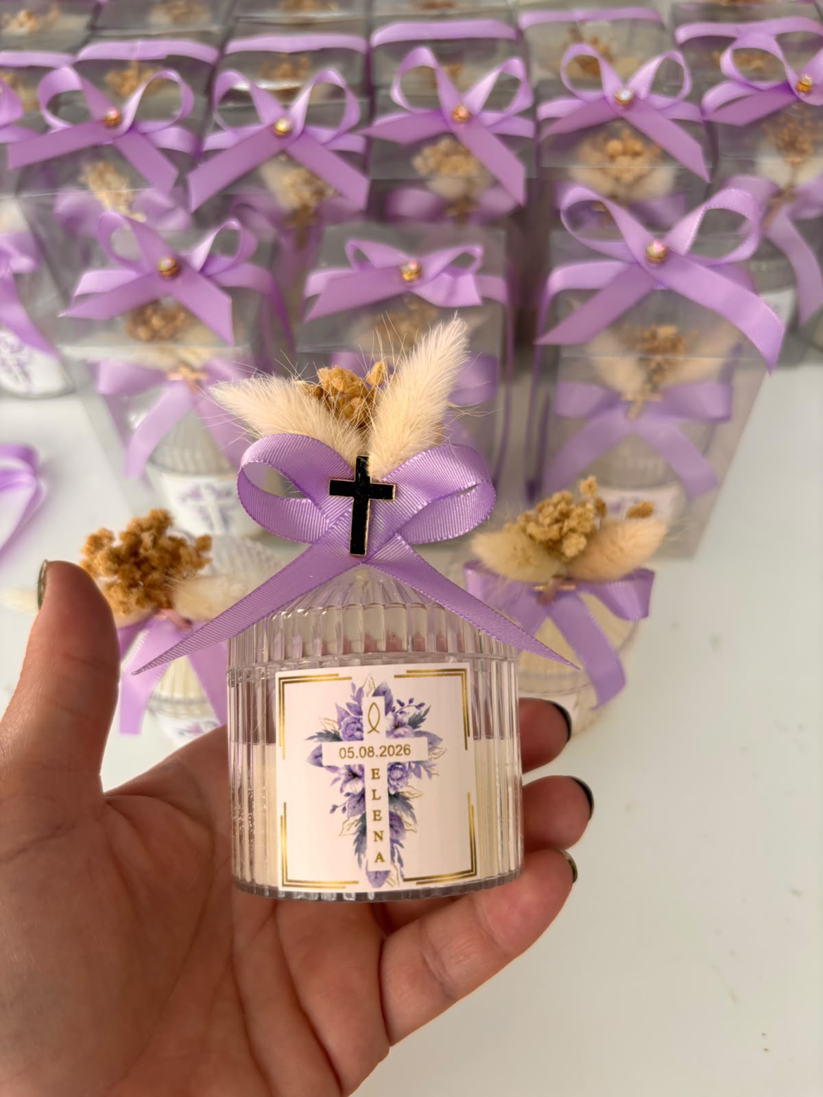 Personalized Wedding Favors for Guests - Custom Baptism Candle in Clear Box, Lilac Ribbon Luxury Party Gifts, Christening Candle Favors