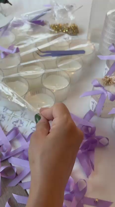 Personalized Wedding Favors for Guests - Custom Baptism Candle in Clear Box, Lilac Ribbon Luxury Party Gifts, Christening Candle Favors